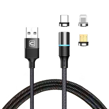 Cablu de date 3 in 1 CAFELE, magnetic, Type-C + Lightning + Micro USB, incarcare rapida, 3A, imbracat in nailon, 2m, Negru Cablu de date 3 in 1 CAFELE, magnetic, Type-C + Lightning + Micro USB, incarcare rapida, 3A, imbracat in nailon, 2m, Negru
