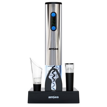 Tirbuson electric amXea Plus+ Crom, reincarcabil, termometru ambiental, accesoriu taiat folie, aerator, dop pompa vid, baza alimentare, 4 acumulatori Tirbuson electric amXea Plus+ Crom, reincarcabil, termometru ambiental, accesoriu taiat folie, aerator, dop pompa vid, baza alimentare, 4 acumulatori