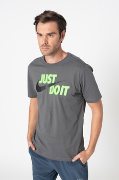 Nike, Tricou cu imprimeu logo Swoosh, Gri inchis/Verde neon