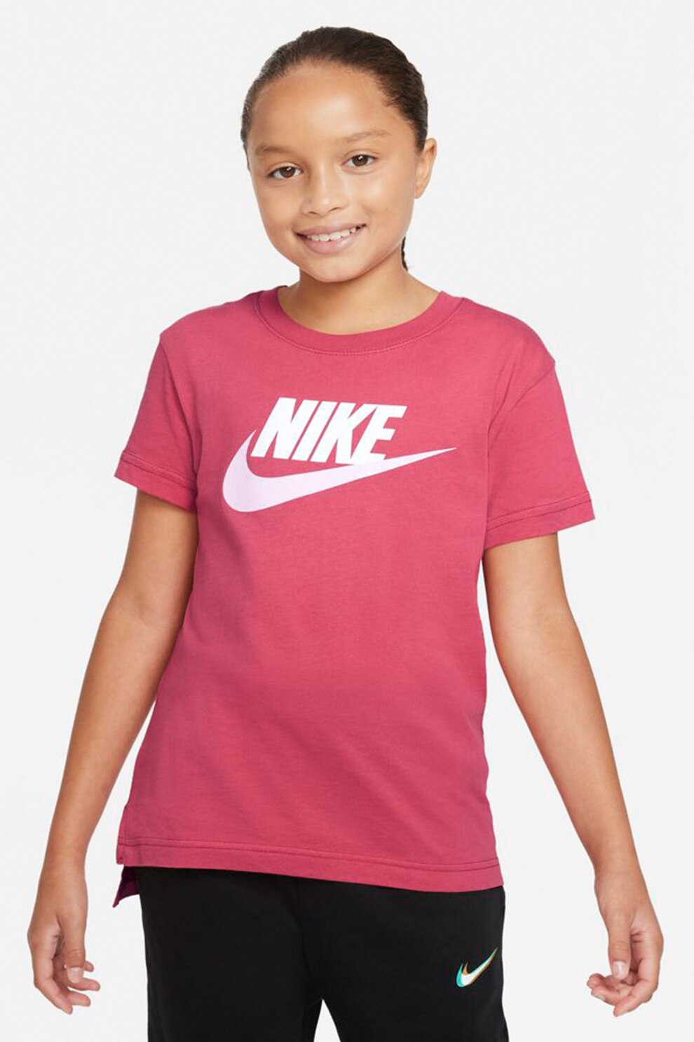 Nike, Tricou cu imprimeu logo si terminatie asimetrica Basic Futura, Roz aprins
