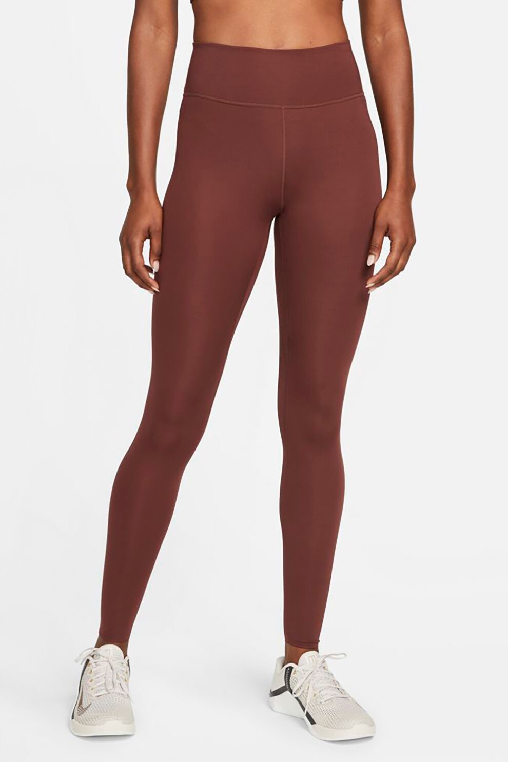 Nike, Colanti cu tehnologie Dri-Fit si talie medie, pentru fitness One Luxe, Coniac