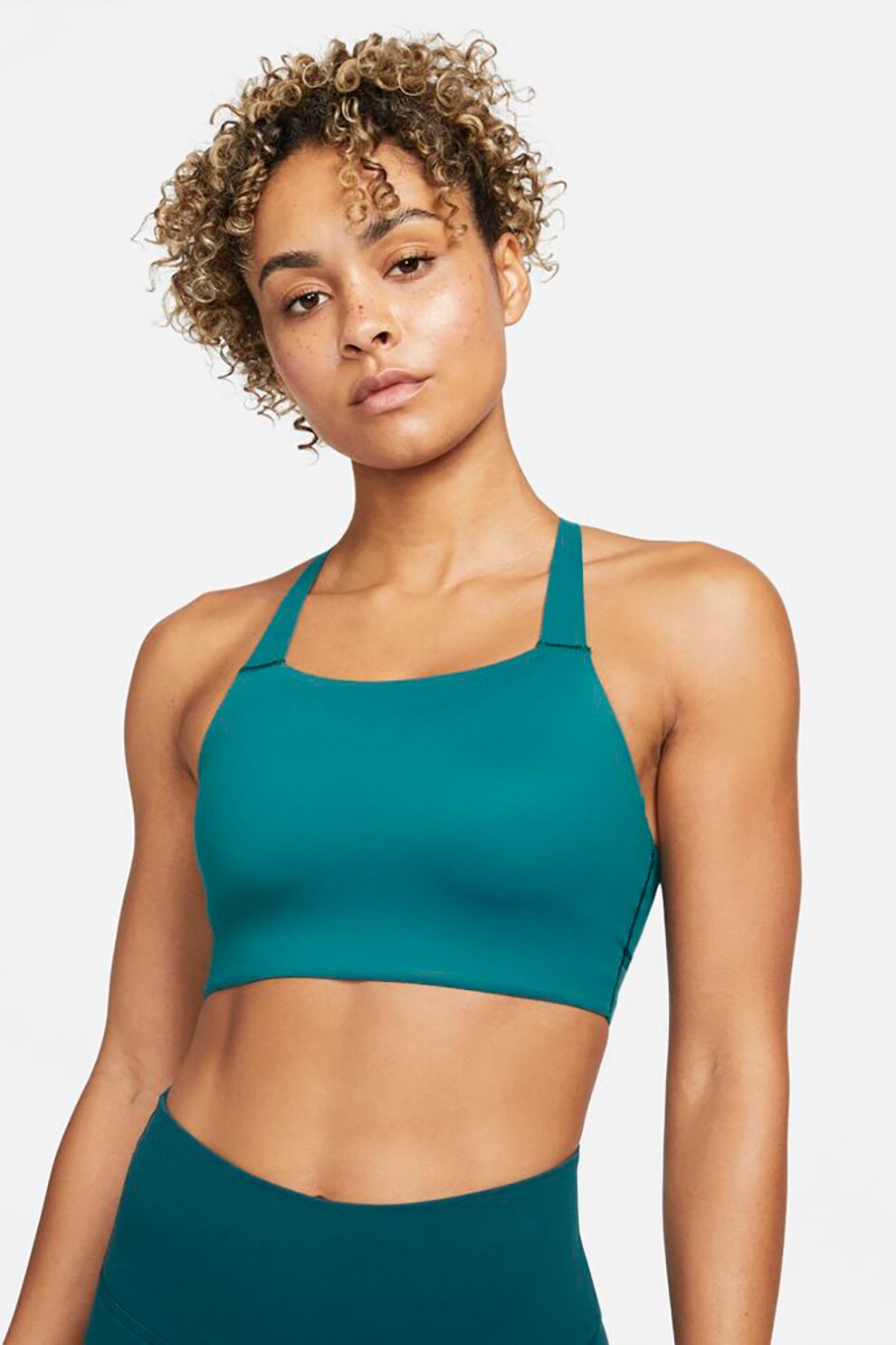 Nike, Bustiera cu bretele incrucisate si tehnologie Dri-FIT, pentru fitness Swoosh Luxe, Albastru petrol