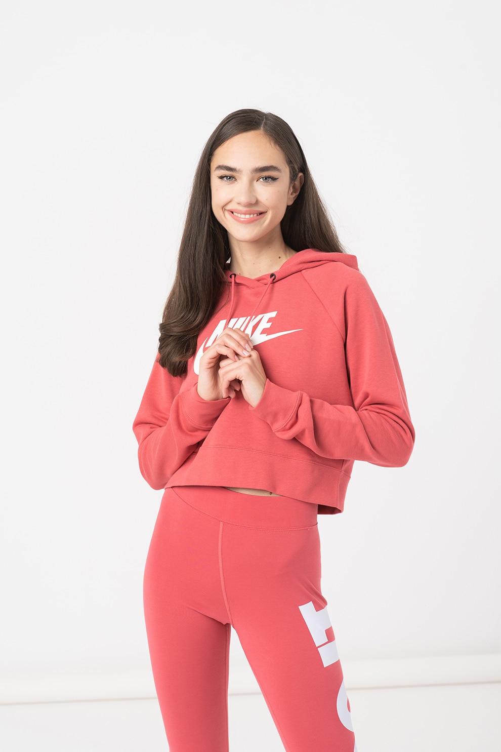 Nike, Hanorac crop cu logo Essential, Roz deschis/ Alb