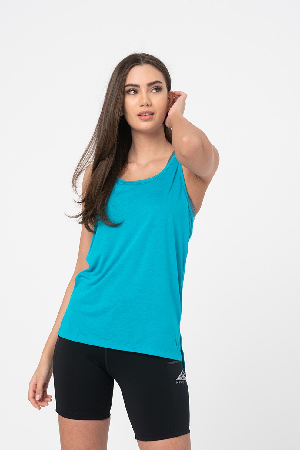 Nike, Top cu tehnologie Dri-Fit si spate decupat, pentru yoga Layer, Albastru