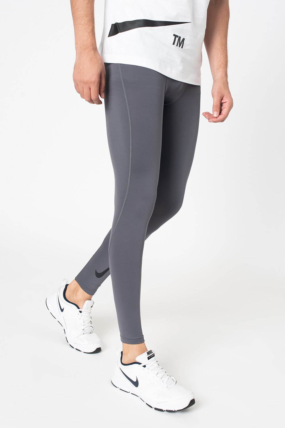 Nike, Colanti cu banda logo in talie, pentru antrenament Pro Warm, Gri inchis