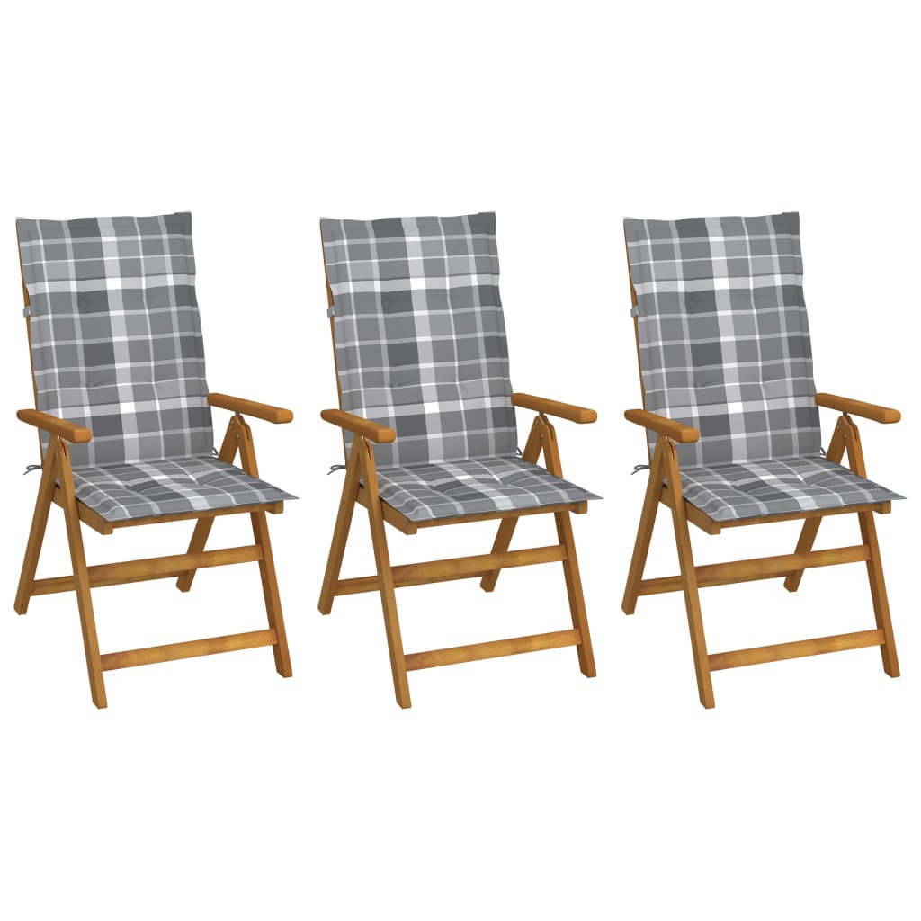 Set de 3 scaune de gradina, vidaXL, Lemn de acacia finisaj ulei, 57 x 69 x 111 cm, Maro/Perne gri model carouri