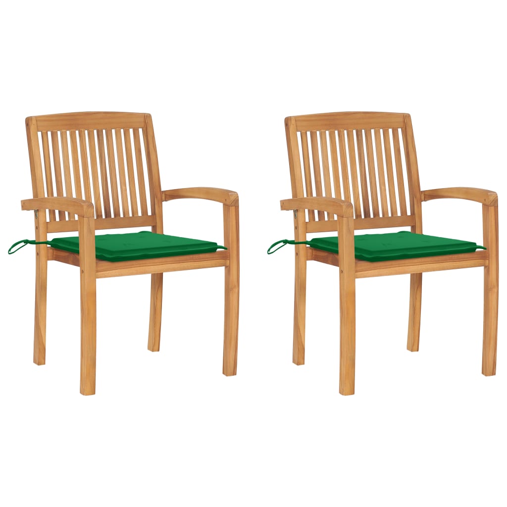 Set de 2 scaune de exterior, cu perne si brate, vidaXL, Lemn de tec-Poliester, 60 x 57,5 x 90 cm, 4 cm, Maro/Perne verde
