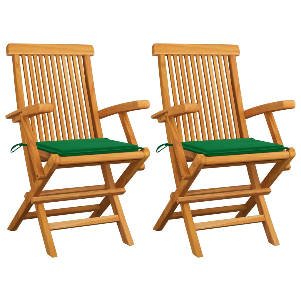 Set de 2 scaune de exterior, cu perne si brate, vidaXL, Lemn de tec/Poliester, 55 x 60 x 89 cm, 4 cm, Maro/Perne verde