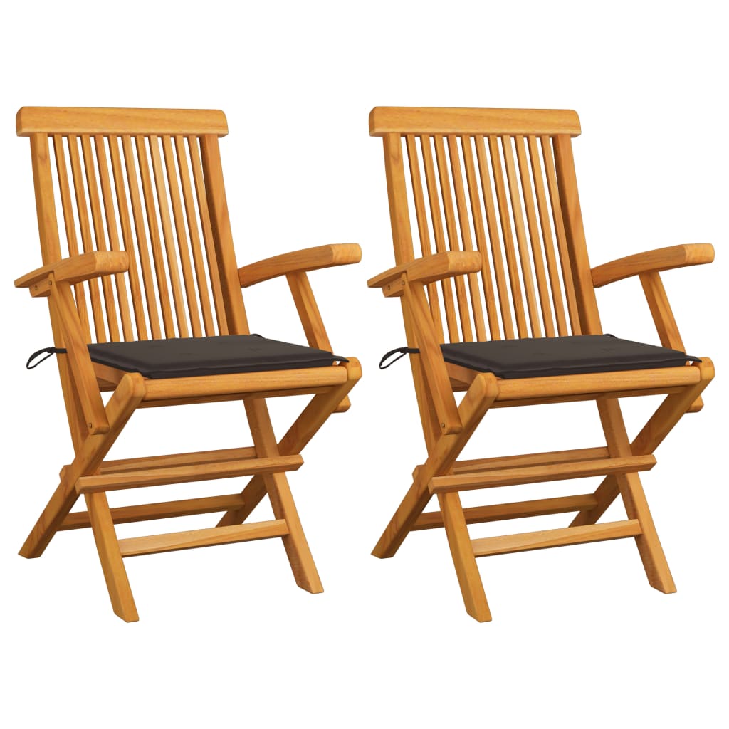 Set de 2 scaune de exterior, cu perne si brate, vidaXL, Lemn de tec/Poliester, 55 x 60 x 89 cm, 4 cm, Maro/Perne Gri taupe