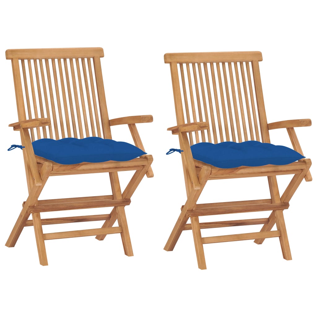 Set de 2 scaune de exterior, cu perne si brate, vidaXL, Lemn de tec/Poliester, 55 x 60 x 89 cm, 7 cm, Maro/Perne albastru regal