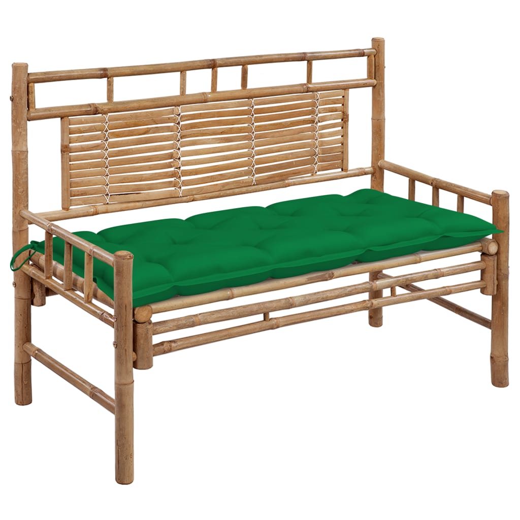 Banca de gradina din bambus cu spatar cu perna vidaXL, Bambus, 120 x 55 x 90 cm, perna 7 cm, Maro/Verde