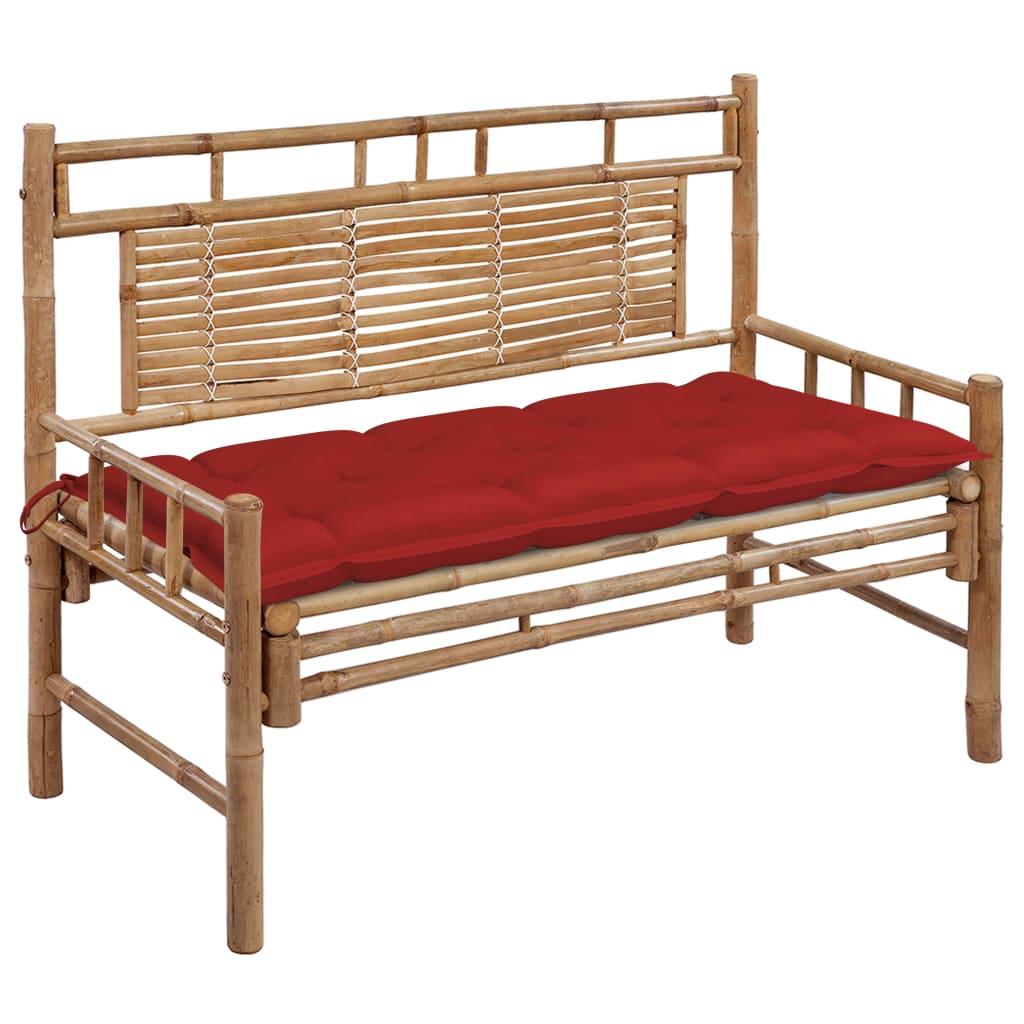 Banca de gradina din bambus cu spatar cu perna vidaXL, Bambus, 120 x 55 x 90 cm, perna 7 cm, Maro/Rosu