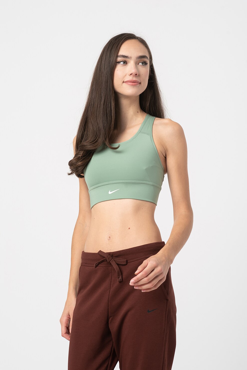 Nike, Bustiera cu logo pentru fitness Dri Fit, Verde sparanghel