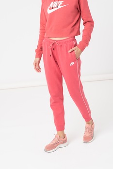 Nike, Pantaloni sport conici cu snur in talie Essential, roz inchis, alb