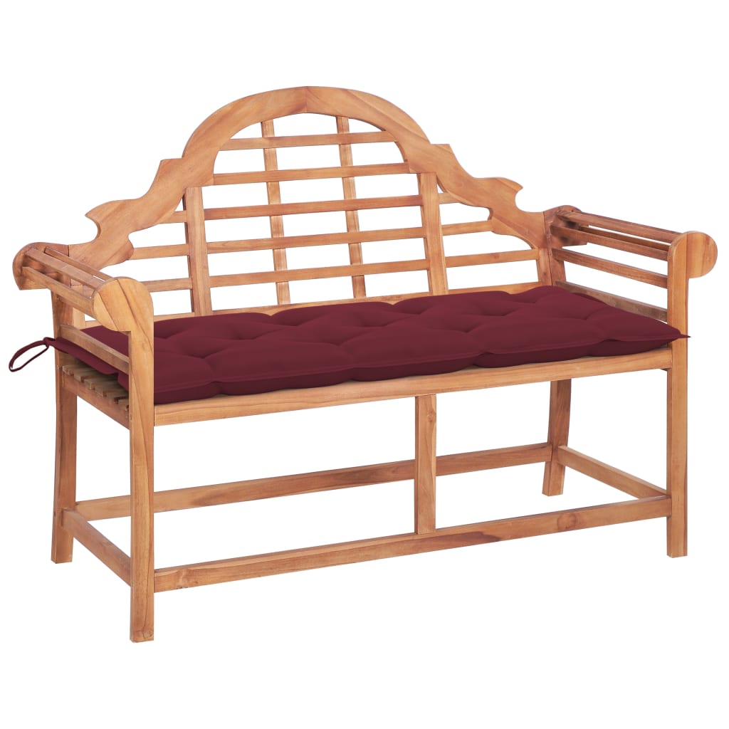 Banca de gradina cu perna cu 2 locuri vidaXL, Lemn de tec, 136 x 63 x 102 cm, perna 7 cm, Rosu vin