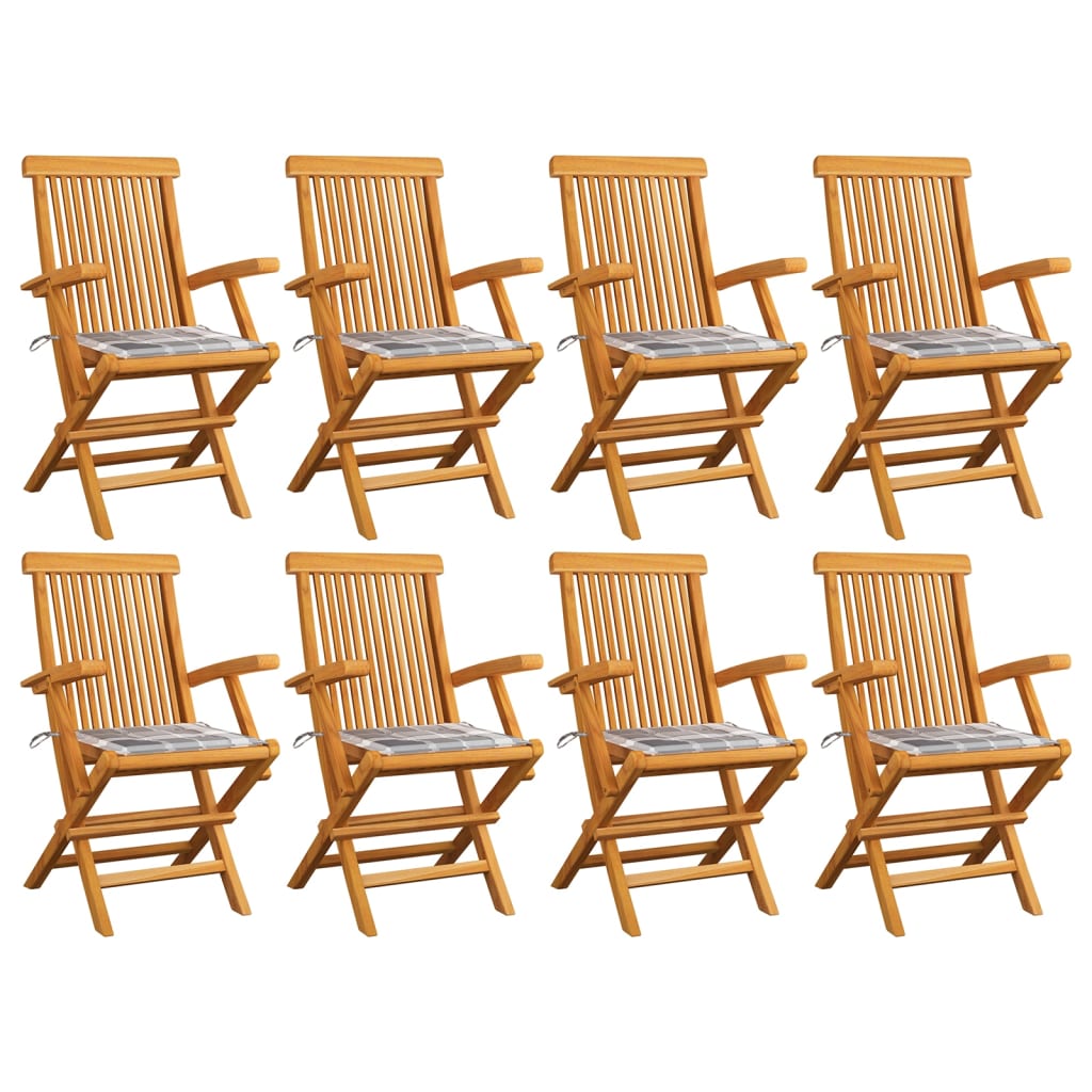 Set Scaune de gradina, perne gri carouri, 8 buc, lemn masiv tec 3072903