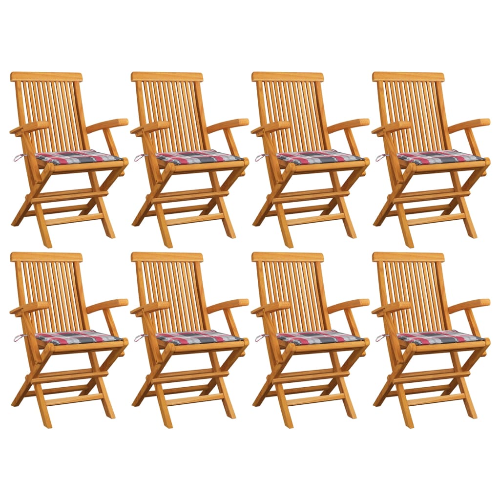 Set Scaune de gradina, perne rosii carouri, 8 buc, lemn masiv tec 3072902