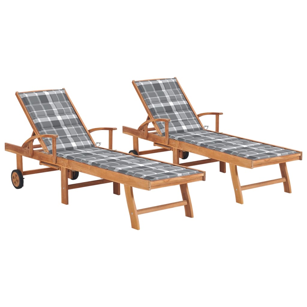 Set sezlonguri cu perna gri model carouri, 2 buc, lemn masiv tec 3073200 195 x 59,5 x 35 cm