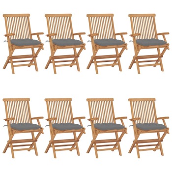 Set Scaune de gradina cu perne gri, 8 buc, lemn masiv de tec 3072905 Set Scaune de gradina cu perne gri, 8 buc, lemn masiv de tec 3072905