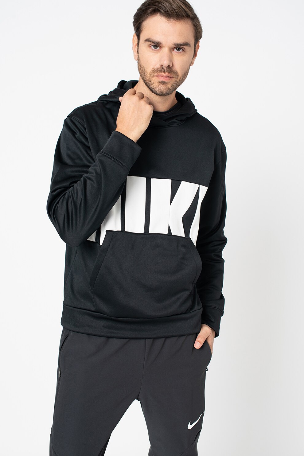 Nike, Hanorac cu imprimeu logo pentru baschet, Negru/Alb