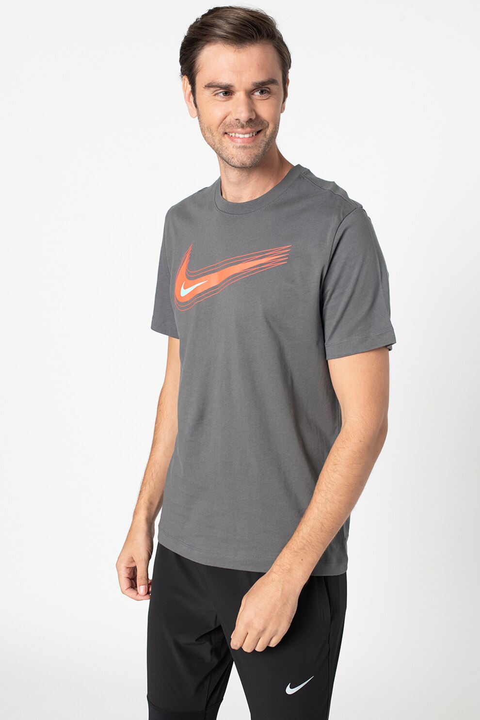 Nike, Tricou cu imprimeu logo si decolteu la baza gatului, Gri/Rosu