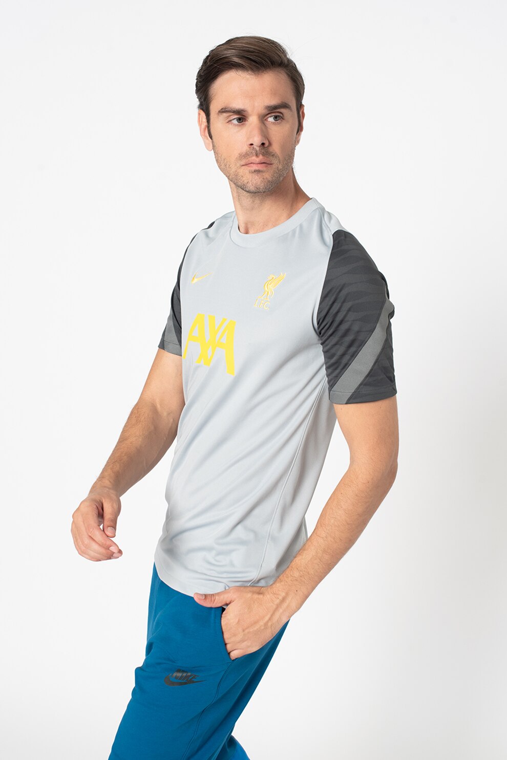 Nike, Tricou slim fit cu maneci contrastante si tehnologie Dri-Fit, pentru fotbal Strike, Gri cenusa/Gri inchis/Galben