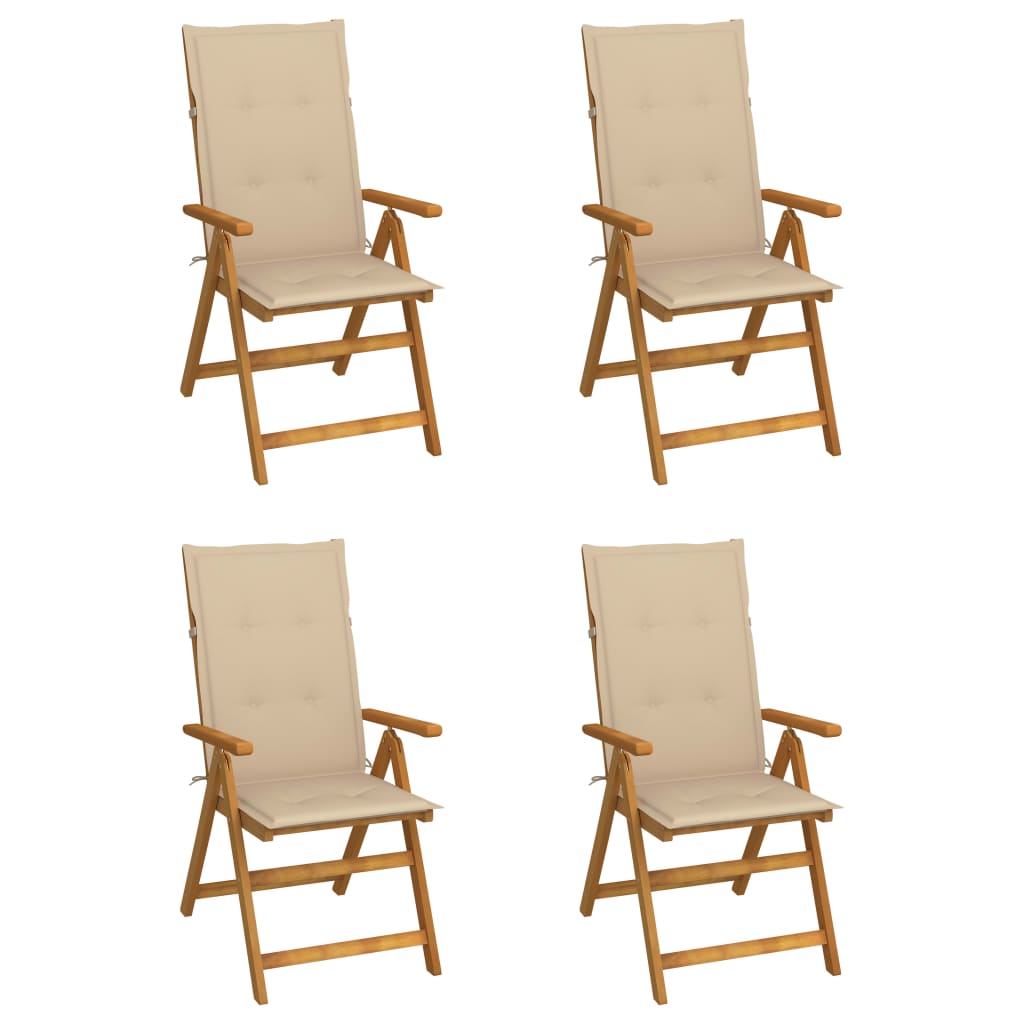 Set de 4 scaune rabatabile de gradina cu perne vidaXL, Lemn de acacia, 57 x 69 x 111 cm, perna 4 cm, Maro/Bej