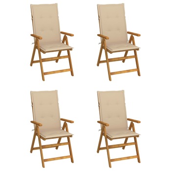 Set de 4 scaune rabatabile de gradina cu perne vidaXL, Lemn de acacia, 57 x 69 x 111 cm, perna 4 cm, Maro/Bej