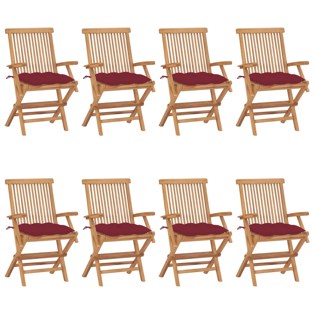 Set Scaune de gradina cu perne rosu vin, 8 buc, lemn masiv tec 3072913
