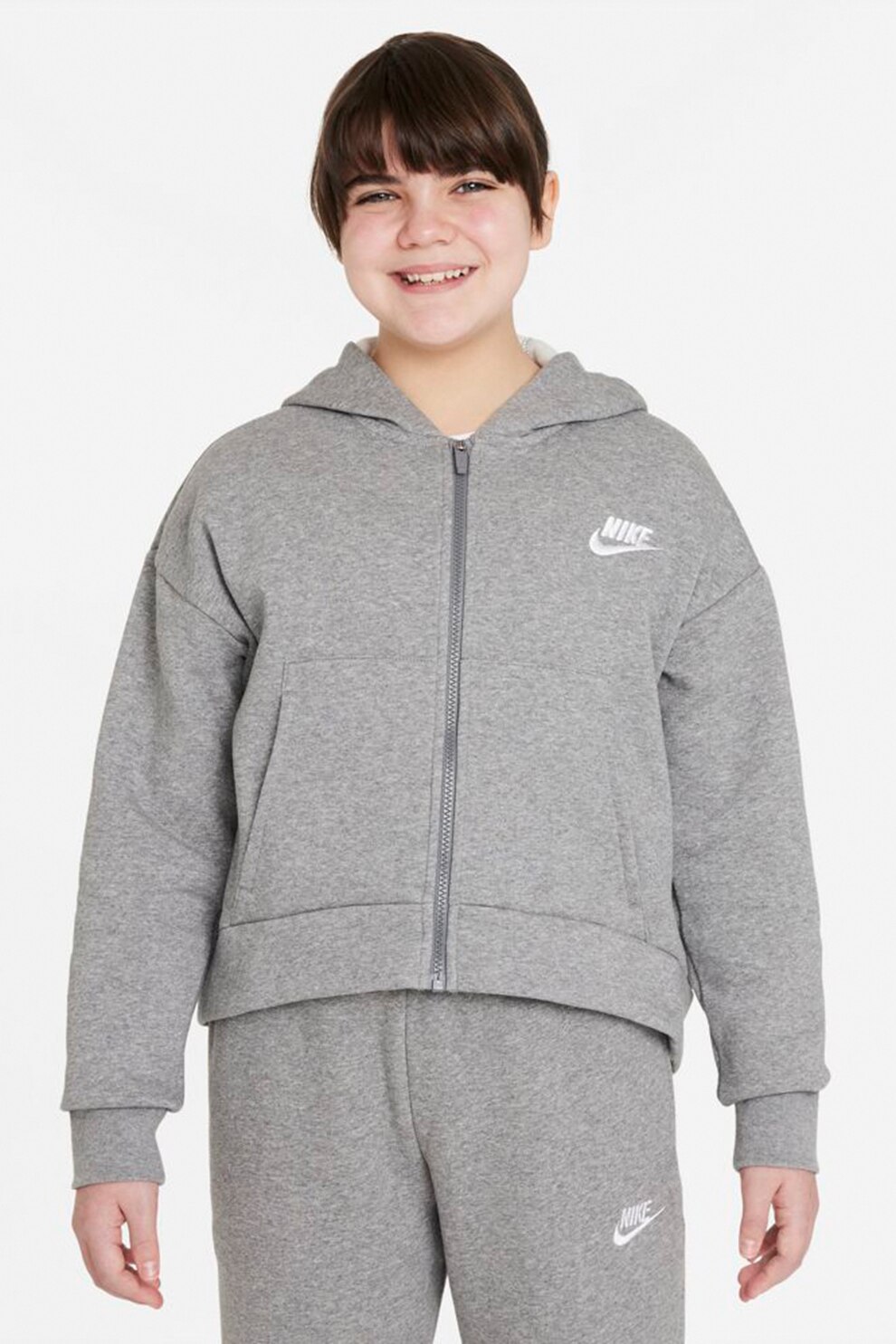 Nike, Hanorac cu fermoar si logo brodat, Gri melange