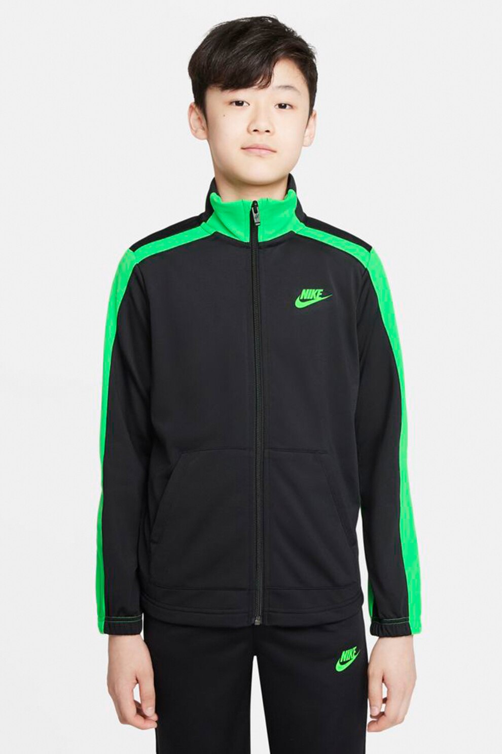 Nike, Trening cu fermoar si logo, Negru/Verde electric