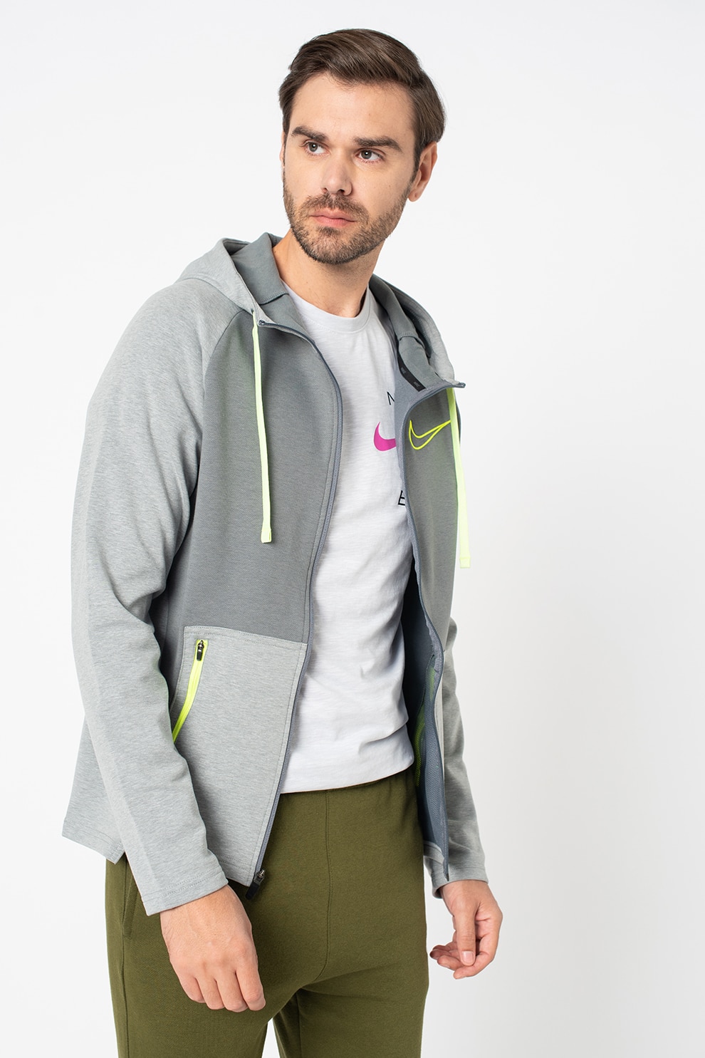Nike, Hanorac cu fermoar si logo pentru fitness, Gri deschis/Verde electric, XL