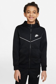 Nike, Hanorac cu fermoar si imprimeu logo, Negru/Alb Nike, Hanorac cu fermoar si imprimeu logo, Negru/Alb