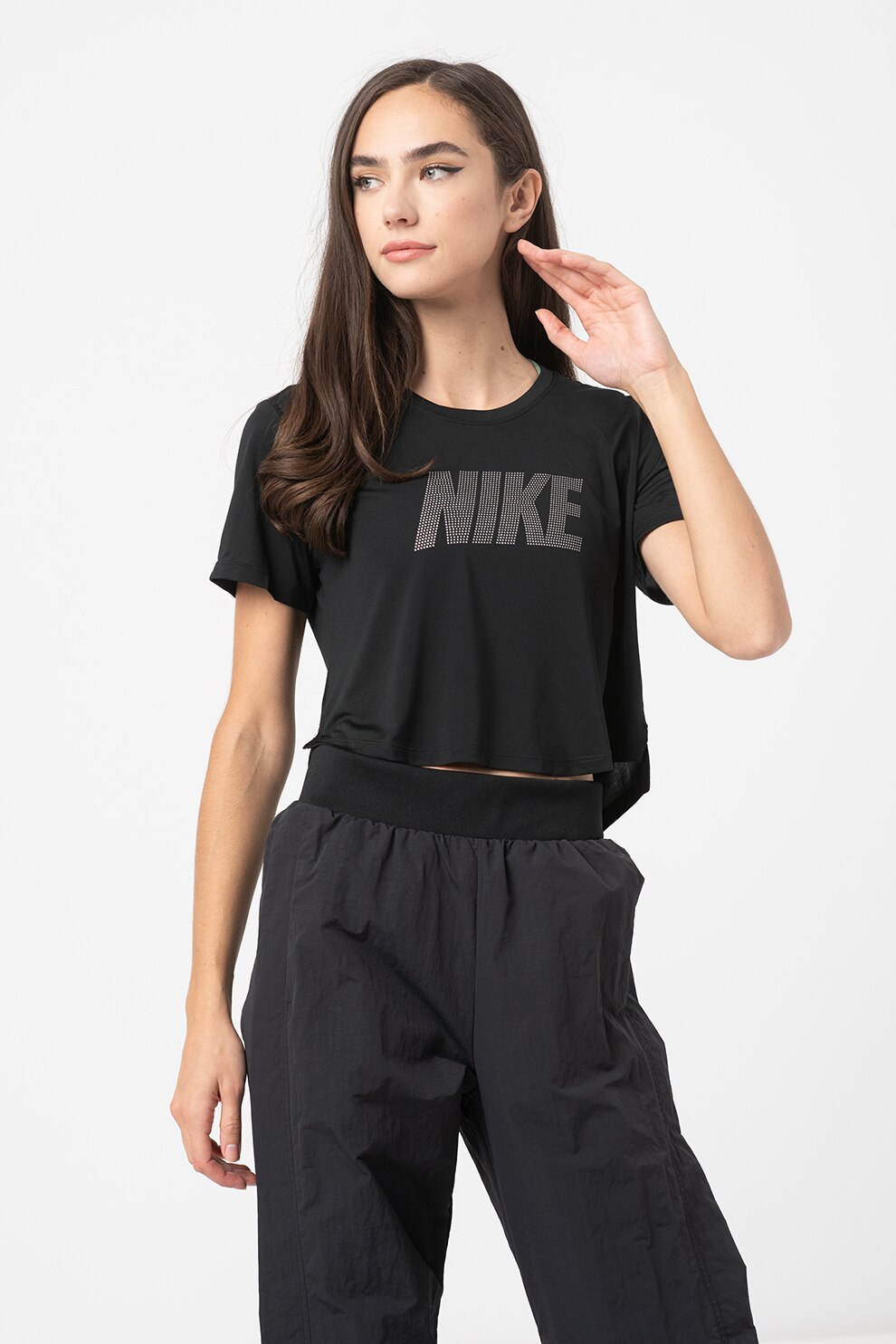 Nike, Tricou crop cu tehnologie Dri-Fit si logo pentru fitness, Negru/Argintiu