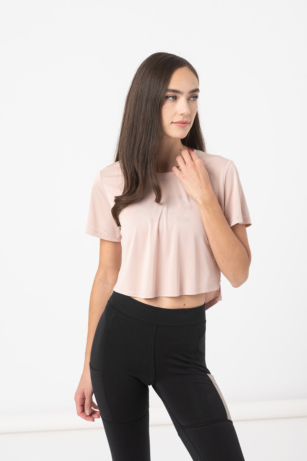 Nike, Tricou crop cu tehnologie Dri-Fit si logo pentru fitness, Roz pal/Argintiu