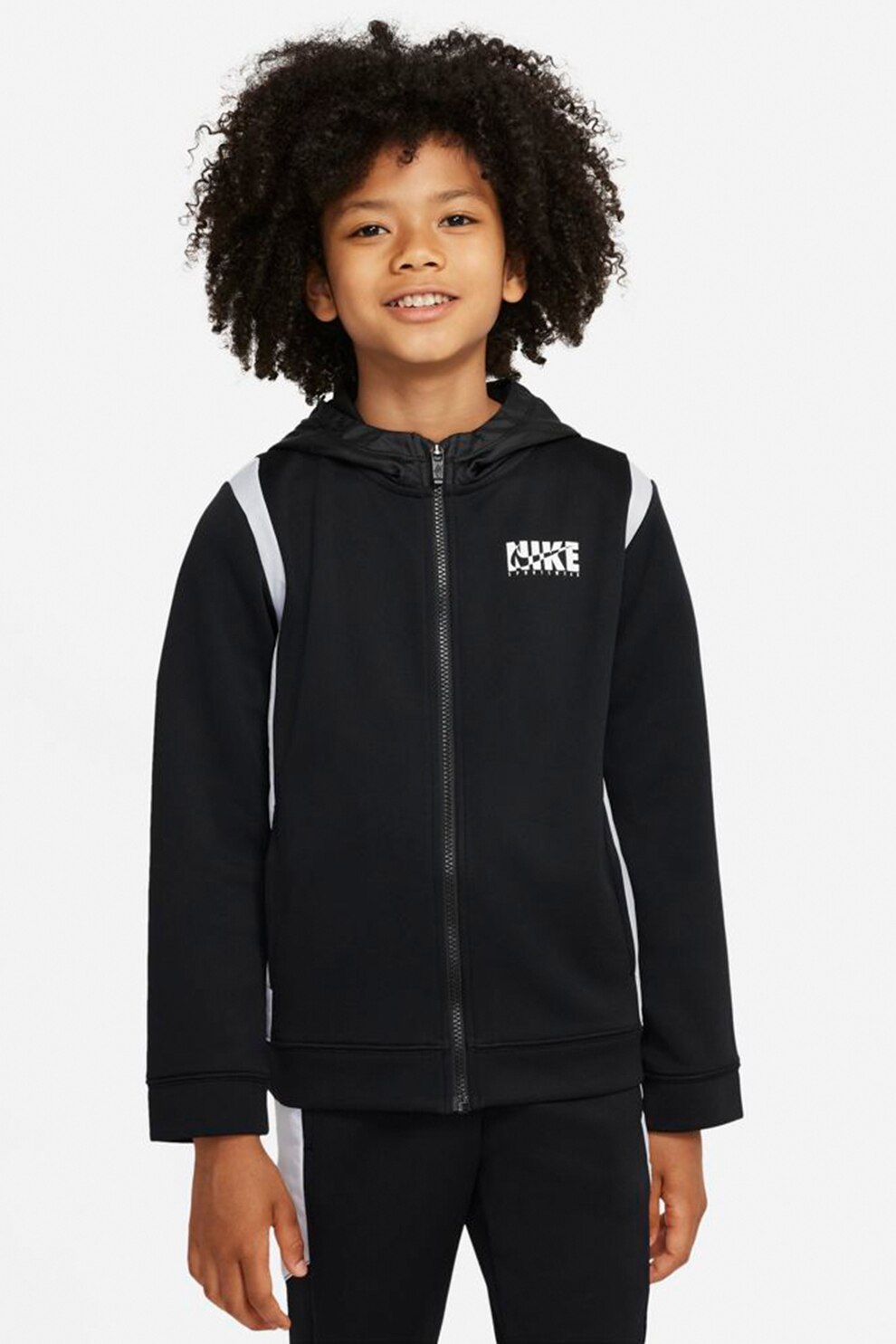 Nike, Costum sport cu gluga si fermoar, Negru/Alb