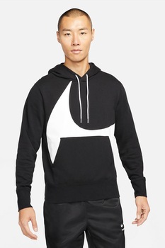 Nike, Hanorac cu snur de ajustare si buzunar kangaroo Swoosh, Negru/Alb Nike, Hanorac cu snur de ajustare si buzunar kangaroo Swoosh, Negru/Alb