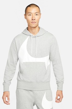 Nike, Hanorac cu snur de ajustare si buzunar kangaroo Swoosh, Gri deschis melange/Alb Nike, Hanorac cu snur de ajustare si buzunar kangaroo Swoosh, Gri deschis melange/Alb