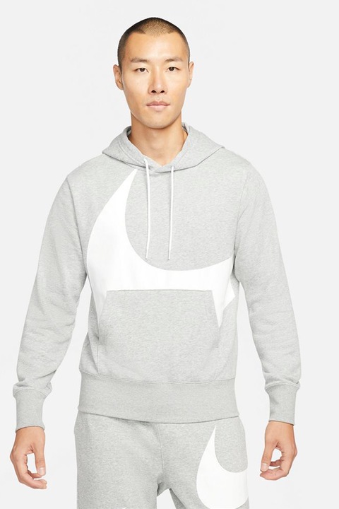 Nike, Swoosh húzózsinóros kapucnis pulóver kenguruzsebbel, Fehér/Melange világosszürke