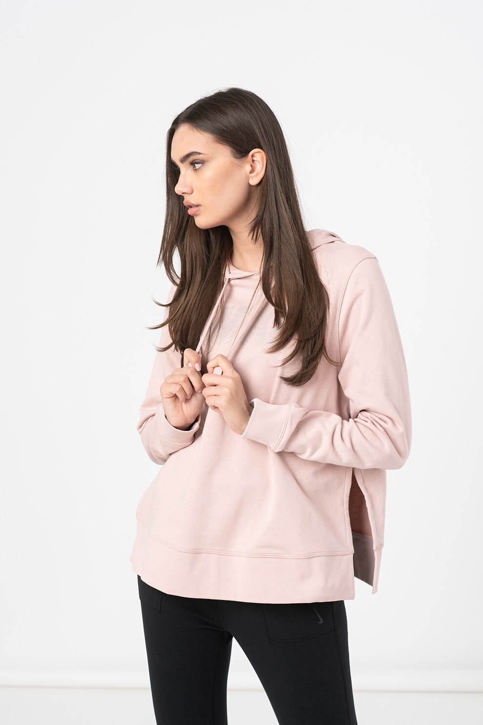 Nike, Hanorac supradimensionat cu imprimeu logo, pentru fitness, Roz pastel