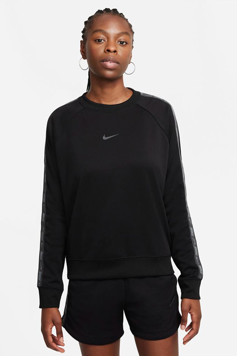 Nike, Bluza sport cu decolteu la baza gatului si benzi laterale cu logo, Negru