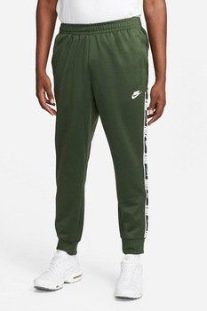 Nike, Pantaloni sport cu banda logo laterala Repeat, Verde/Alb/Negru