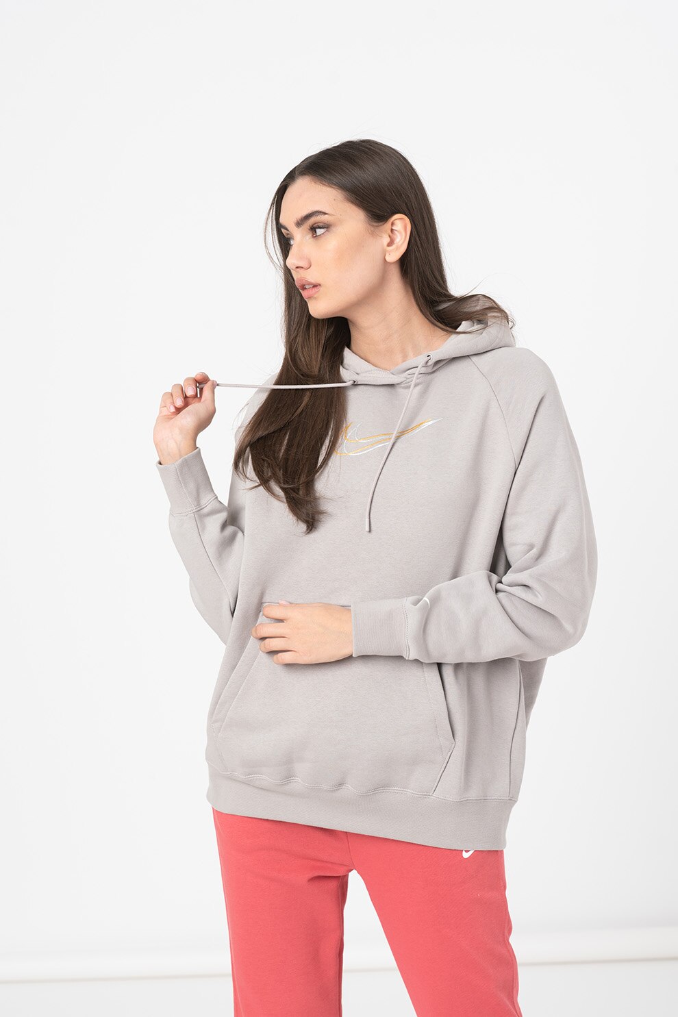 Nike, Hanorac lejer cu maneci raglan si snur de ajustare, Maro nisip