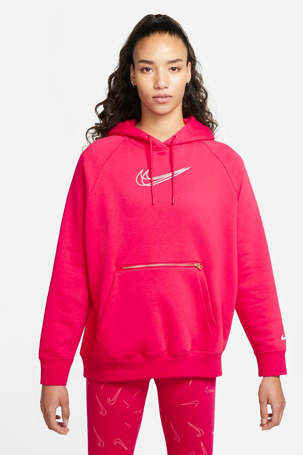 Nike, Hanorac lejer cu maneci raglan si snur de ajustare, Roz fucsia/auriu deschis/alb
