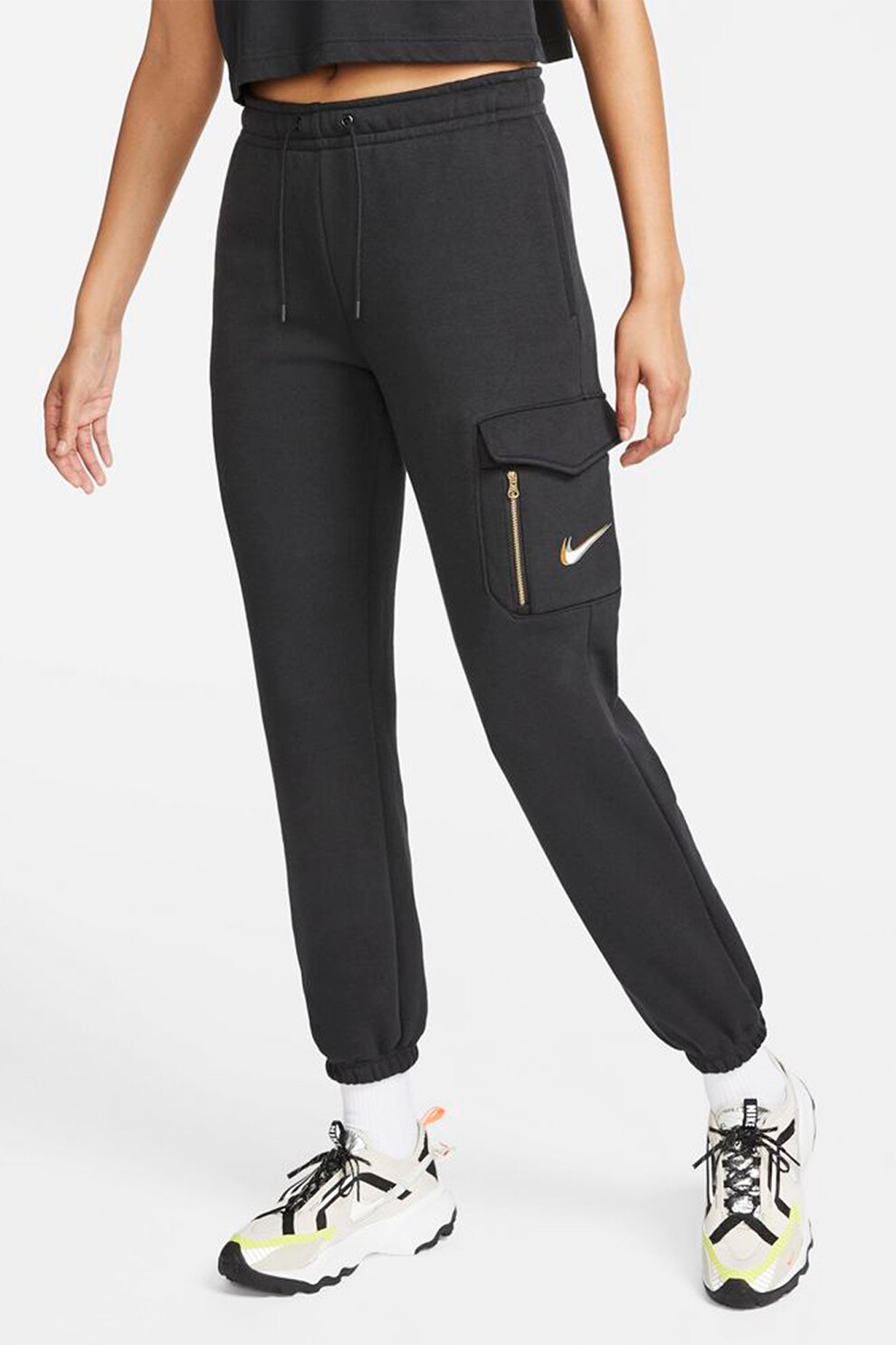 Nike, Pantaloni sport cargo cu snur in talie Sportswear, Negru