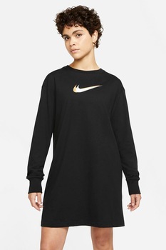 Nike, Rochie sport cu maneci cazute si imprimeu logo Sportswear, Negru/Alb Nike, Rochie sport cu maneci cazute si imprimeu logo Sportswear, Negru/Alb