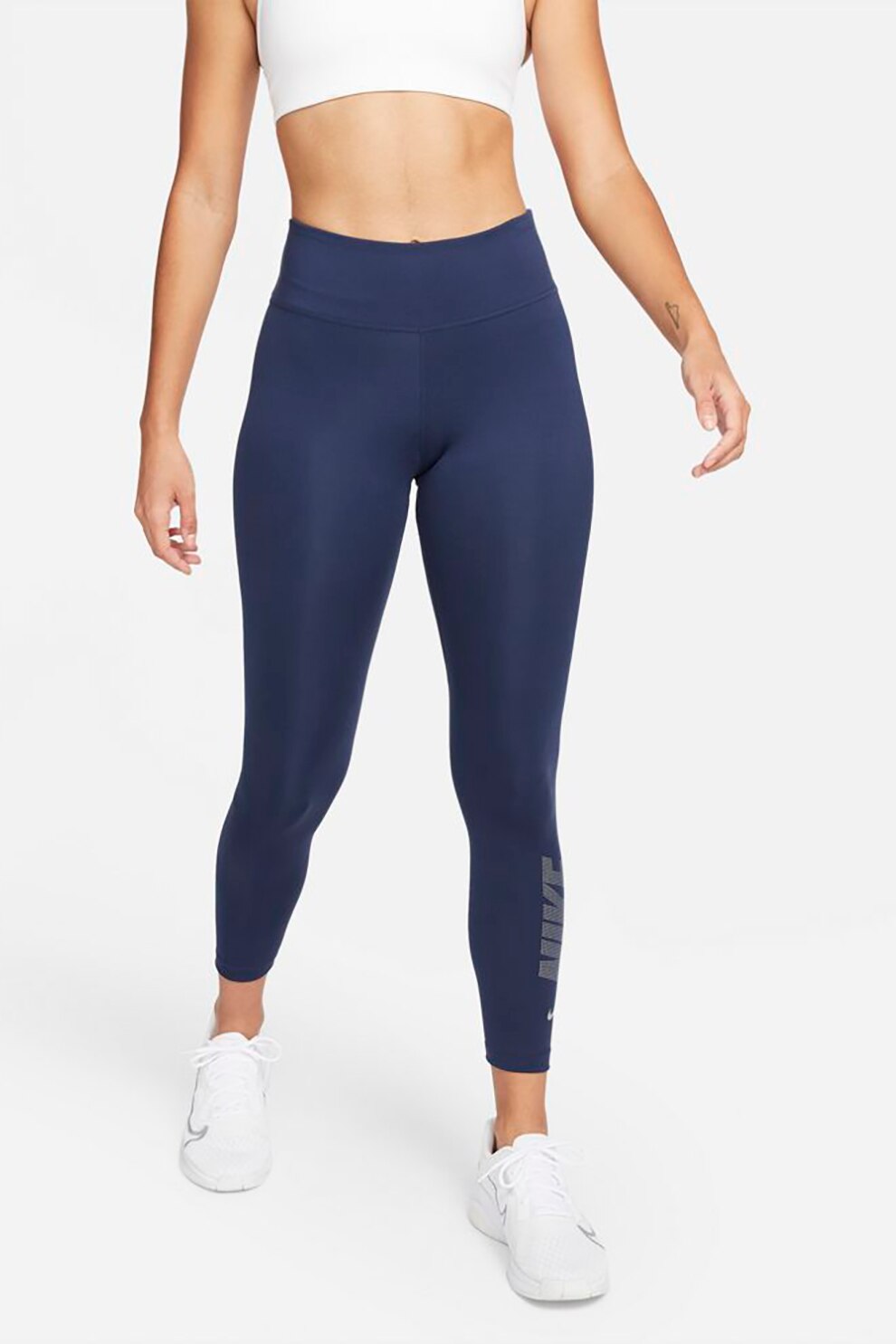 Nike, Colanti cu talie inalta si tehnologie Dri-Fit, pentru fitness One, Bleumarin
