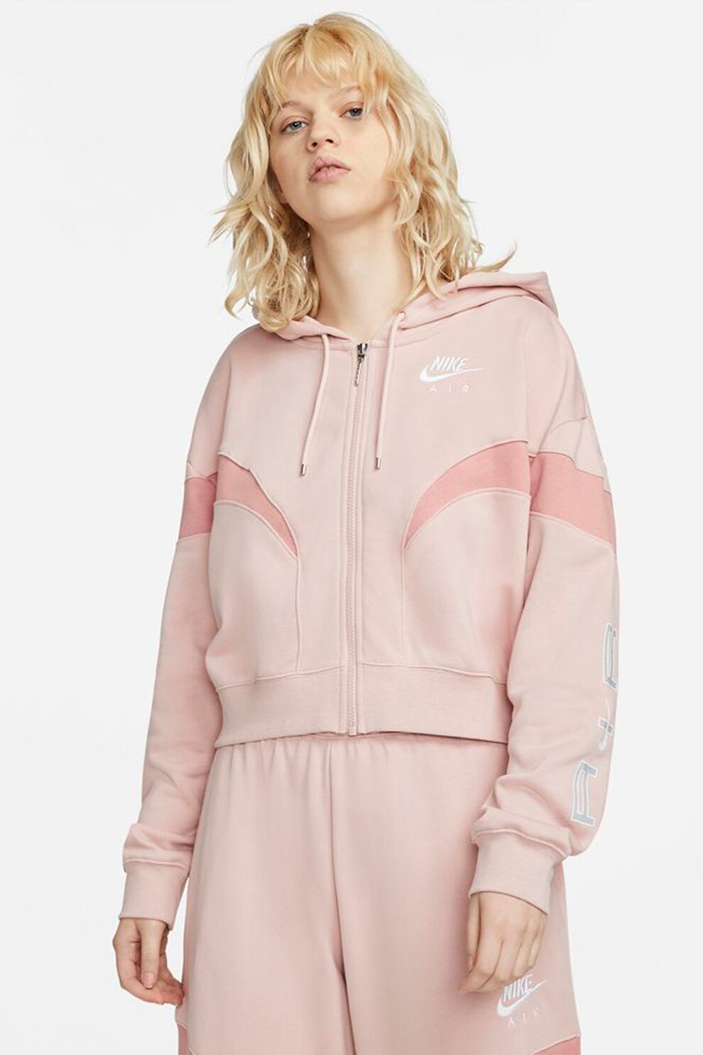 Nike, Hanorac crop cu fermoar si logo brodat, Roz pastel
