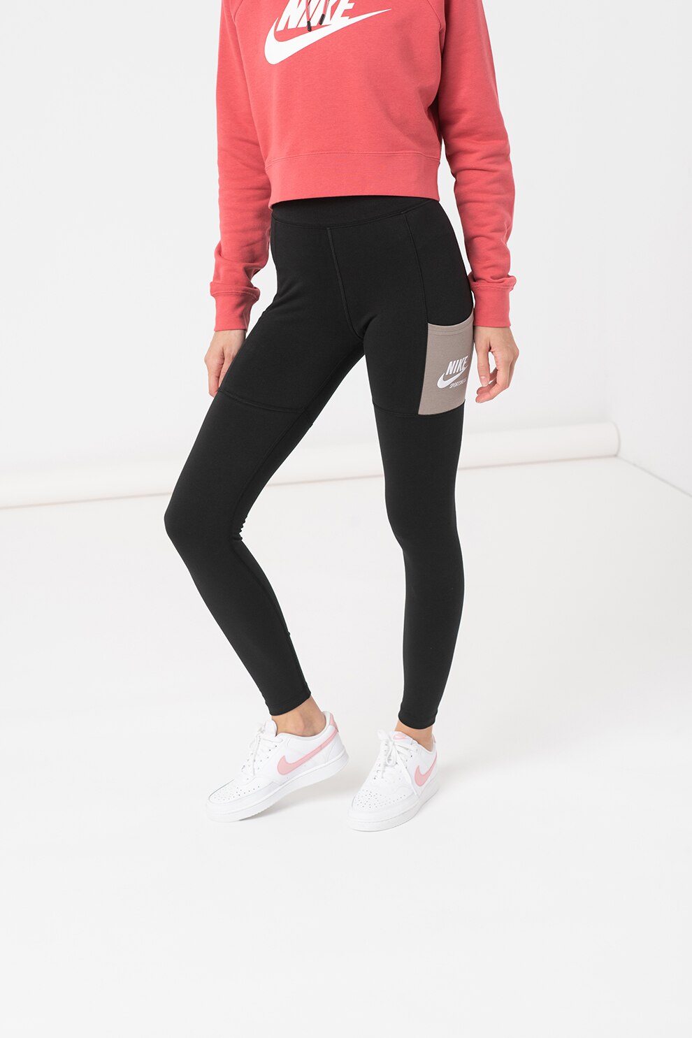 Nike, Colanti cu imprimeu logo pentru fitness, Negru/Maro nisip