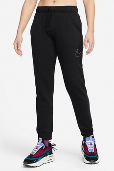 Nike, Pantaloni sport crop cu logo lateral cu strasuri, Negru/Alb
